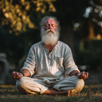 Чоловік середнього віку медитує на природі