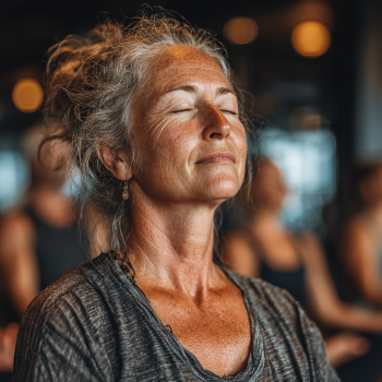 Спокійна жінка медитує у парку